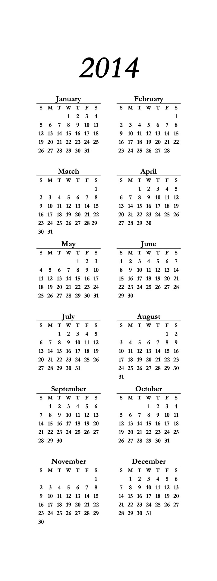 2014,  Kalendorius,  2 & Nbsp,  Stulpeliai,  6 Eilutės,  2 & Nbsp,  X & Nbsp,  6,  2X6,  2014 Kalendorius