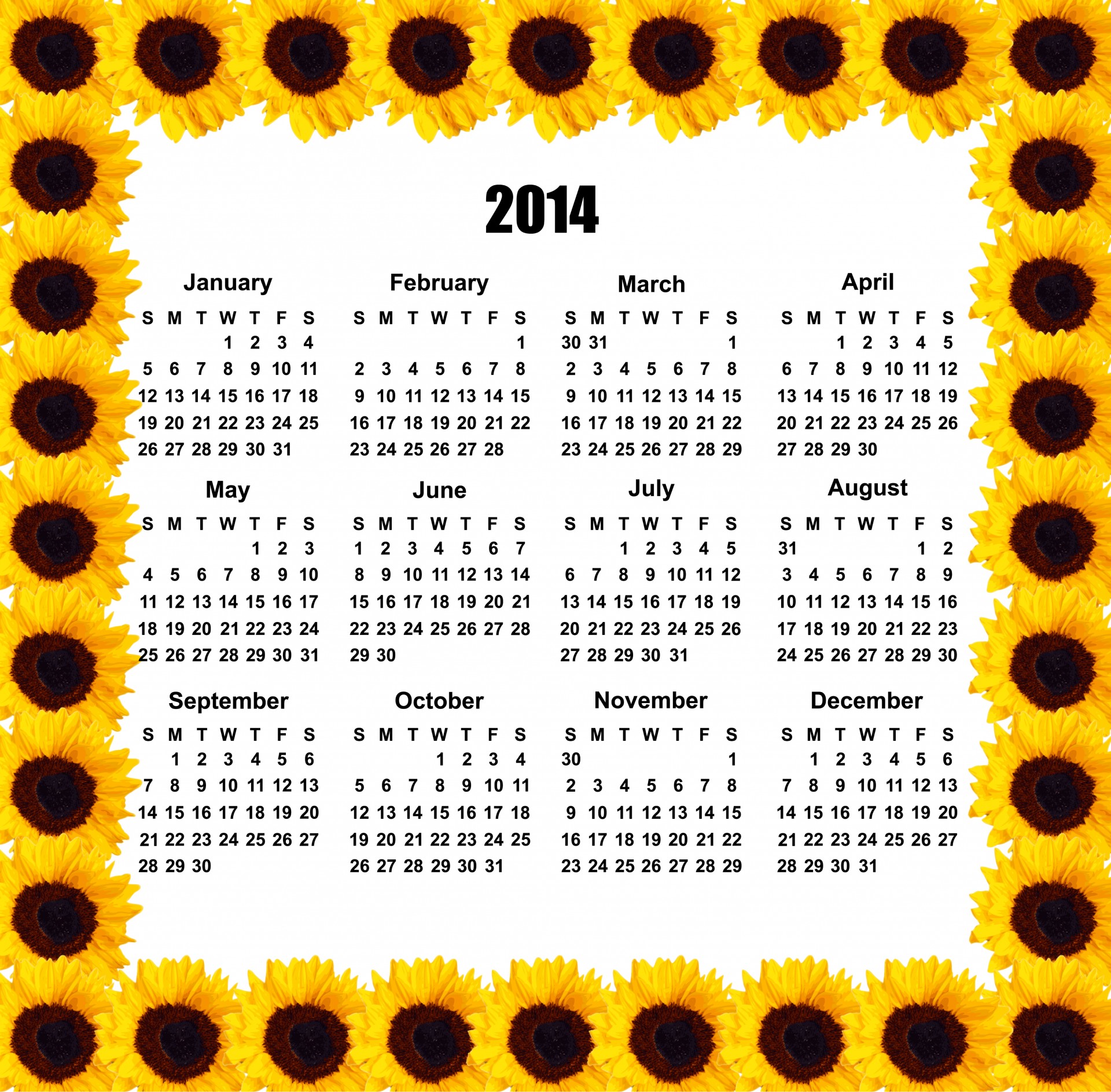 2014,  Kalendorius,  2014 & Nbsp,  Kalendorius,  Saulėgrąžos,  Saulėgrąžos,  Rėmas,  Mėnuo,  Mėnesių,  Metai
