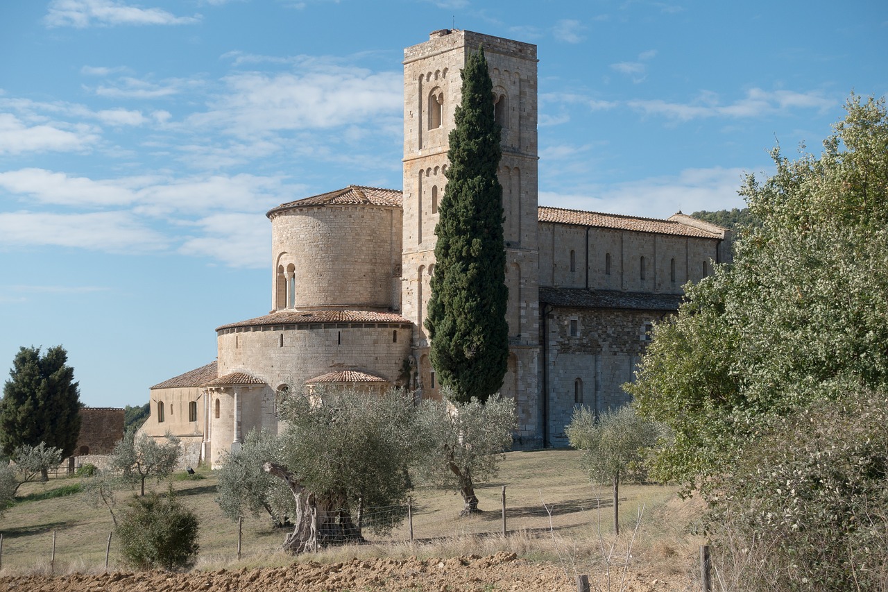 Abatija, Vienuolynas, Bažnyčia, Romanesque, Toskana, Italy, San Antimo, Montalcino, Benediktinas, Alyvmedis
