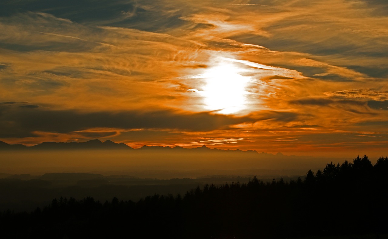 Abendstimmung, Kraštovaizdis, Saulėlydis, Gamta, Vakarinis Dangus, Twilight, Dangus, Saulė, Kalnas, Debesys