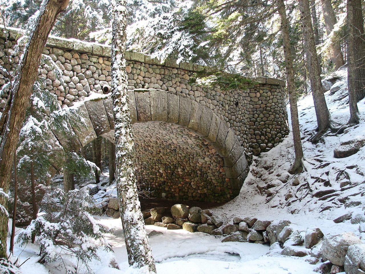 Akadijos Nacionalinis Parkas, Maine, Srautas, Upelis, Tiltas, Akmuo, Žiema, Sniegas, Ledas, Miškas