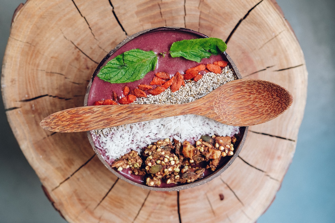 Acai Dubuo,  Goji,  Uoga,  Vaisių Kokteilio,  Granola,  Pusryčiai,  Sveiki,  Mėtos,  Sėklos,  Kokoso