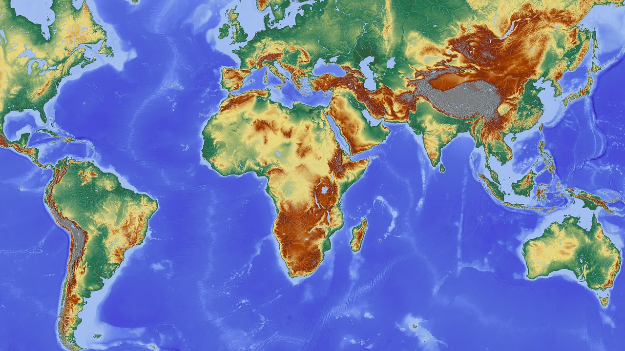 Afrika, Žemėlapis, Žemynas, Pietų Amerika, Europa, Pasaulio Žemėlapis, Reljefo Žemėlapis, Aukščio Profilis, Aukščio Struktūra, Spalva