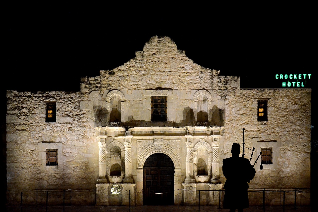 Alamo, Dulkes, Piper, Pastatas, Naktis, Škotų, Siluetas, San Antonio, Texas, Dulkes