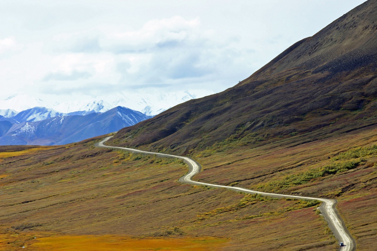 Alaska, Denali, Dykuma, Kalnai, Gamta, Kraštovaizdis, Kelias, Tundra, Debesys, Ruduo