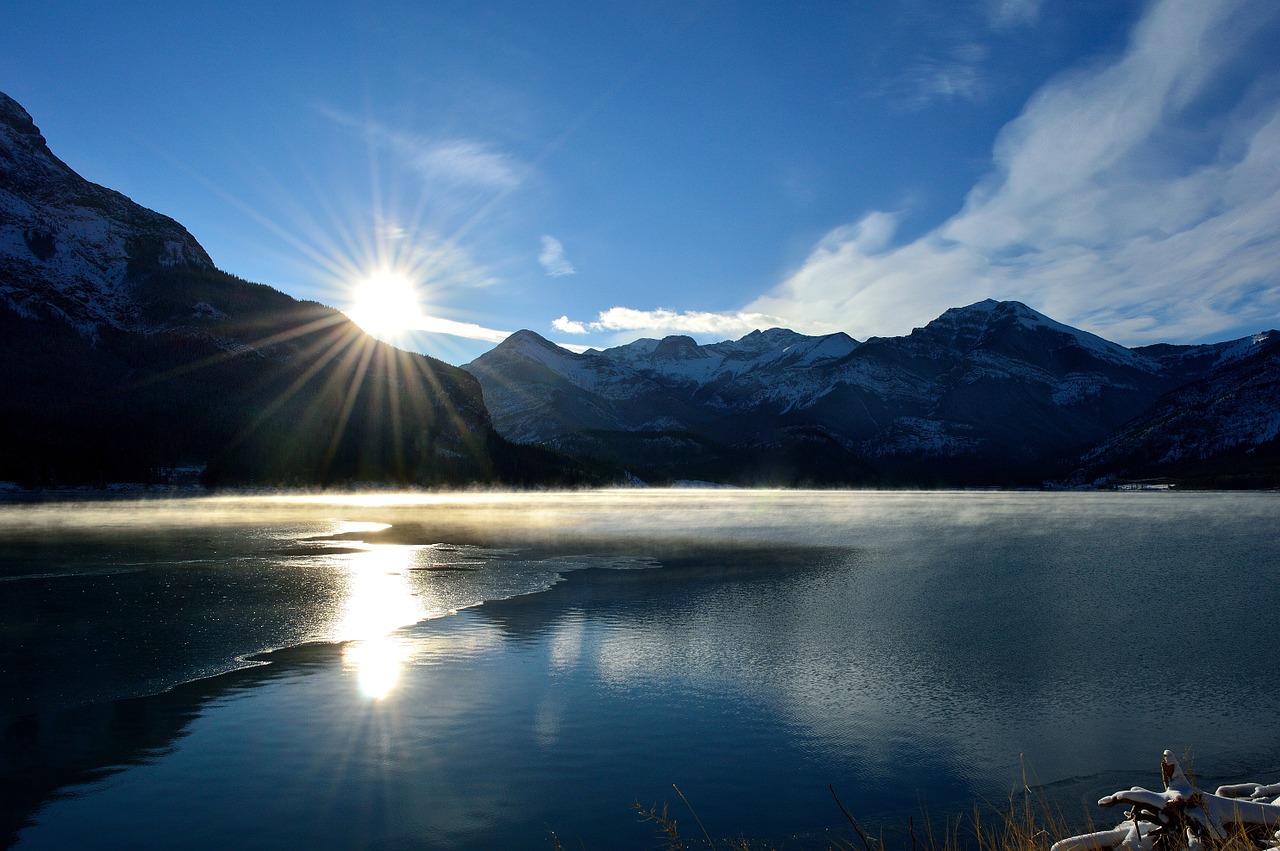 Alberta, Kananaskis, Kalnas, Ežeras, Kanada, Uolingas, Dangus, Debesys, Šaltas, Vanduo