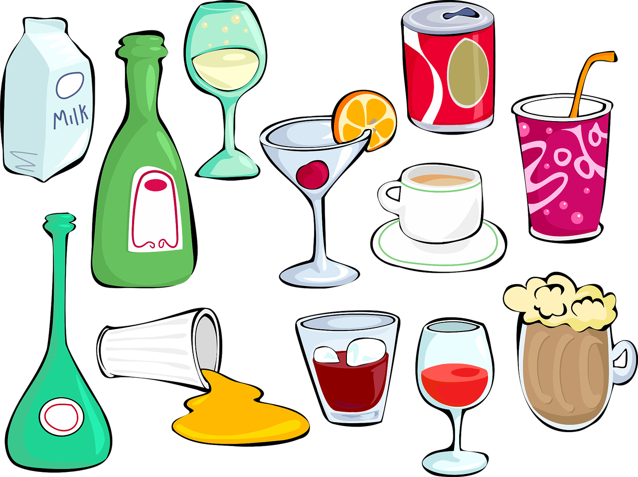 Alkoholis, Alus, Gėrimas, Gėrimai, Akiniai, Sultys, Pienas, Atsipalaidavimas, Nustatyti, Soda