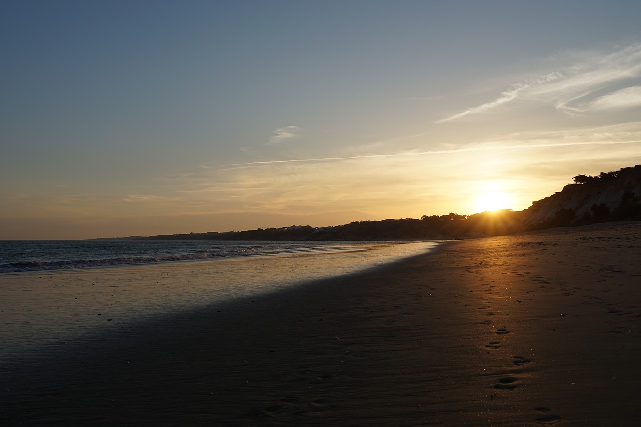 Algarve,  Saulėlydžio,  Papludimys,  Jūra,  Saulė,  Pėdsakai,  Smėlis,  Vandens,  Vakare,  Twilight