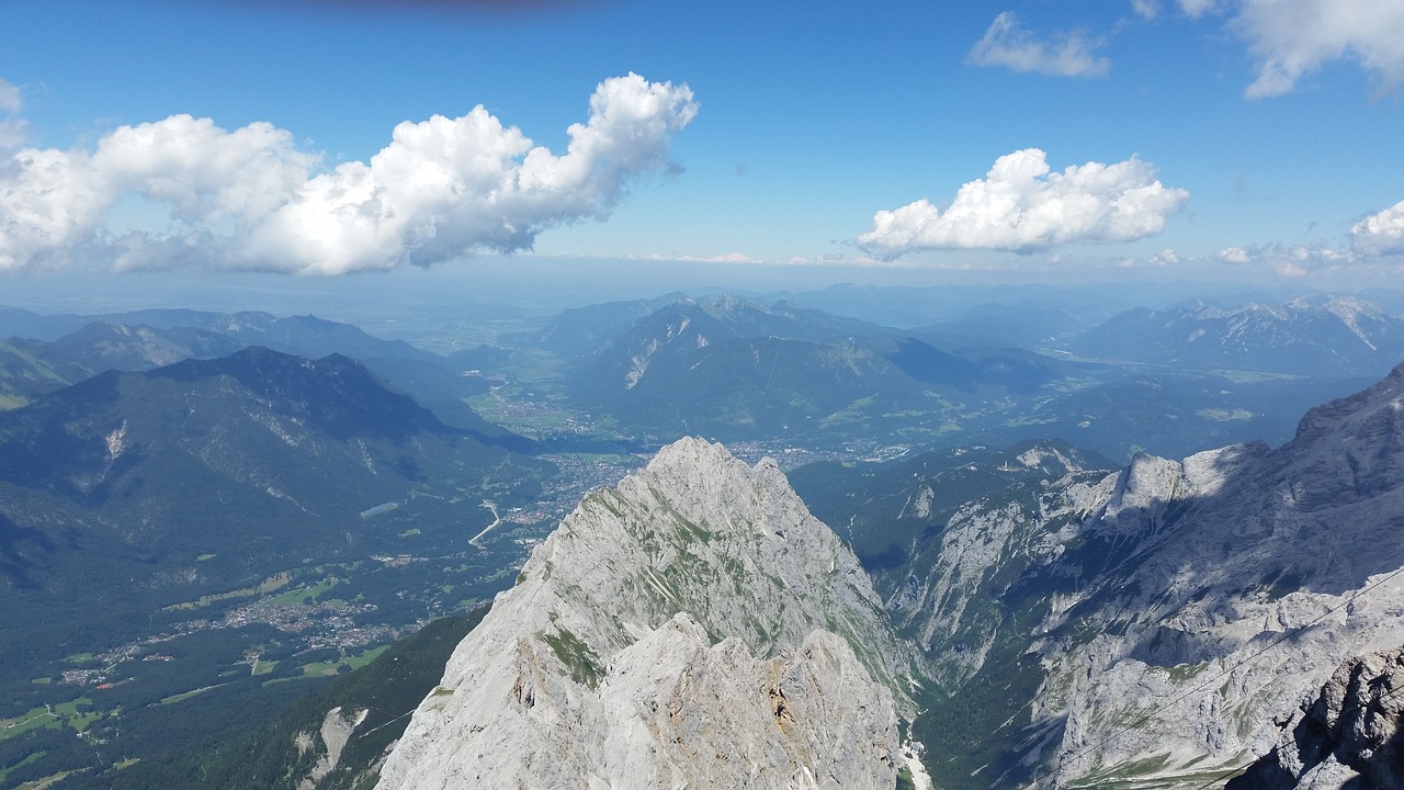 Alpės, Zugspitze, Kalnas, Vokietija, Garmisch-Partenkirchen, Alpių, Viršuje, Panorama, Mėlynas, Dangus