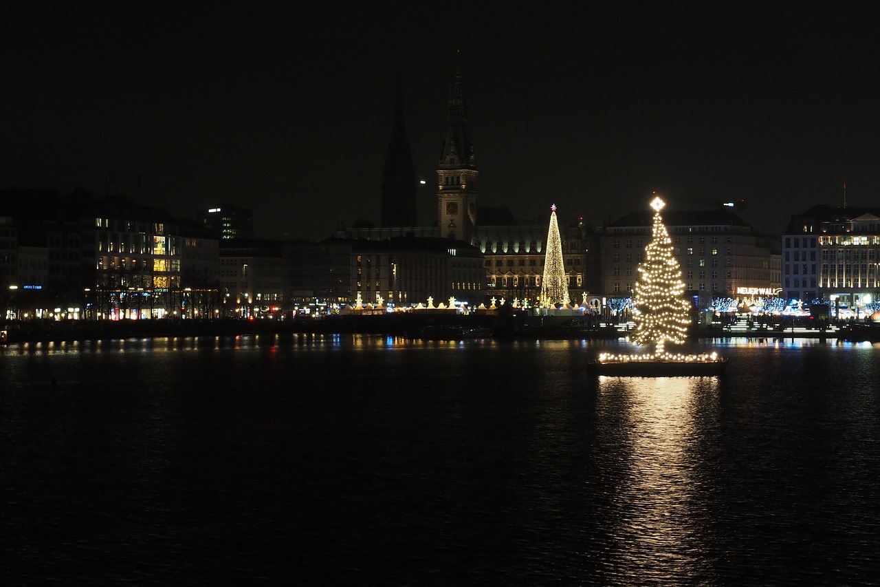 Alster, Kalėdos, Medis, Abendstimmung, Naktis, Jungfernstieg, Hamburgas, Ilga Ekspozicija, Žibintai, Nemokamos Nuotraukos