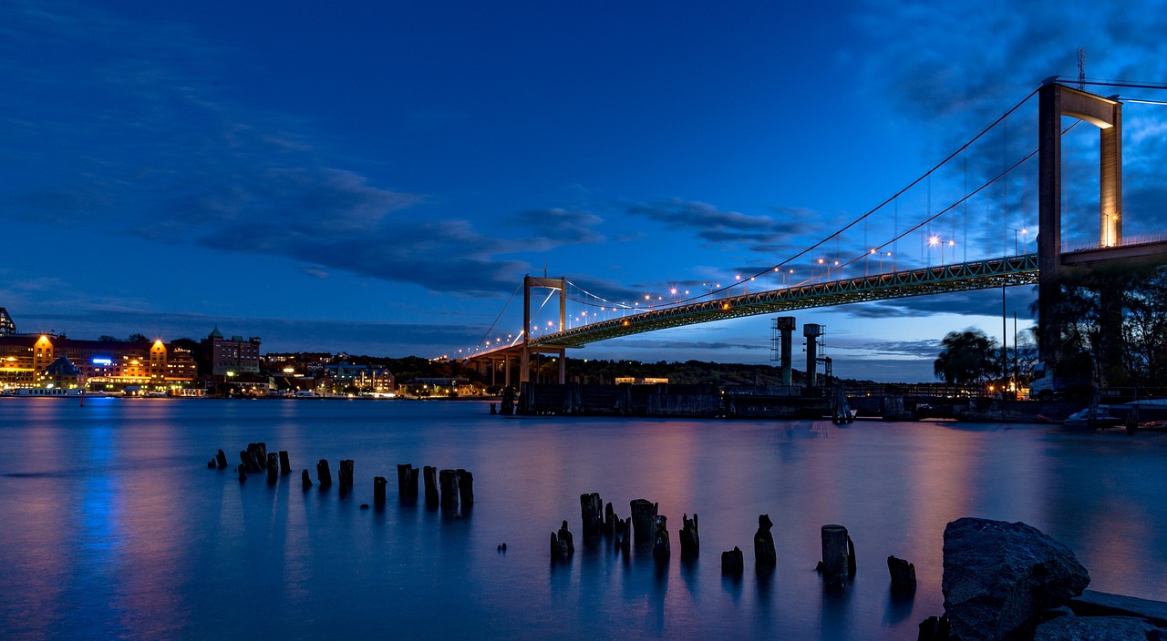 Älvsborgsbron, Gothenburg, Saulėlydis, Naktis, Švedija, Veidrodis, Miesto Panorama, Bro, Vanduo, Miestas