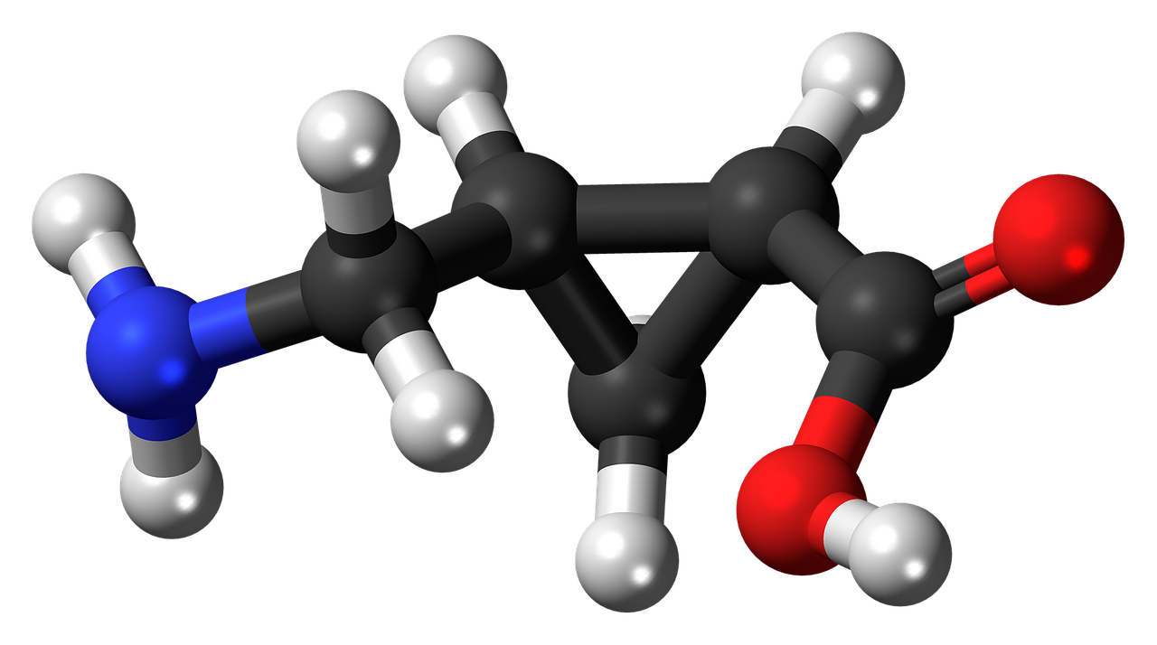 Aminometilciklopropanas, Cis, Modelis, Karboksilo, Rūgštis, Molekulė, Stovykla, 3D, Rutuliai, Stick