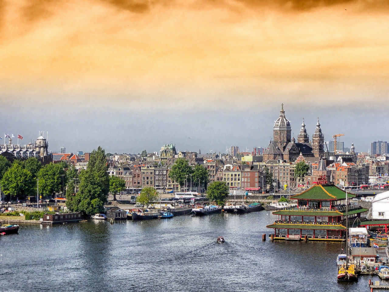 Amsterdamas, Nyderlandai, Pastatai, Architektūra, Hdr, Medžiai, Upė, Vanduo, Apmąstymai, Miestas