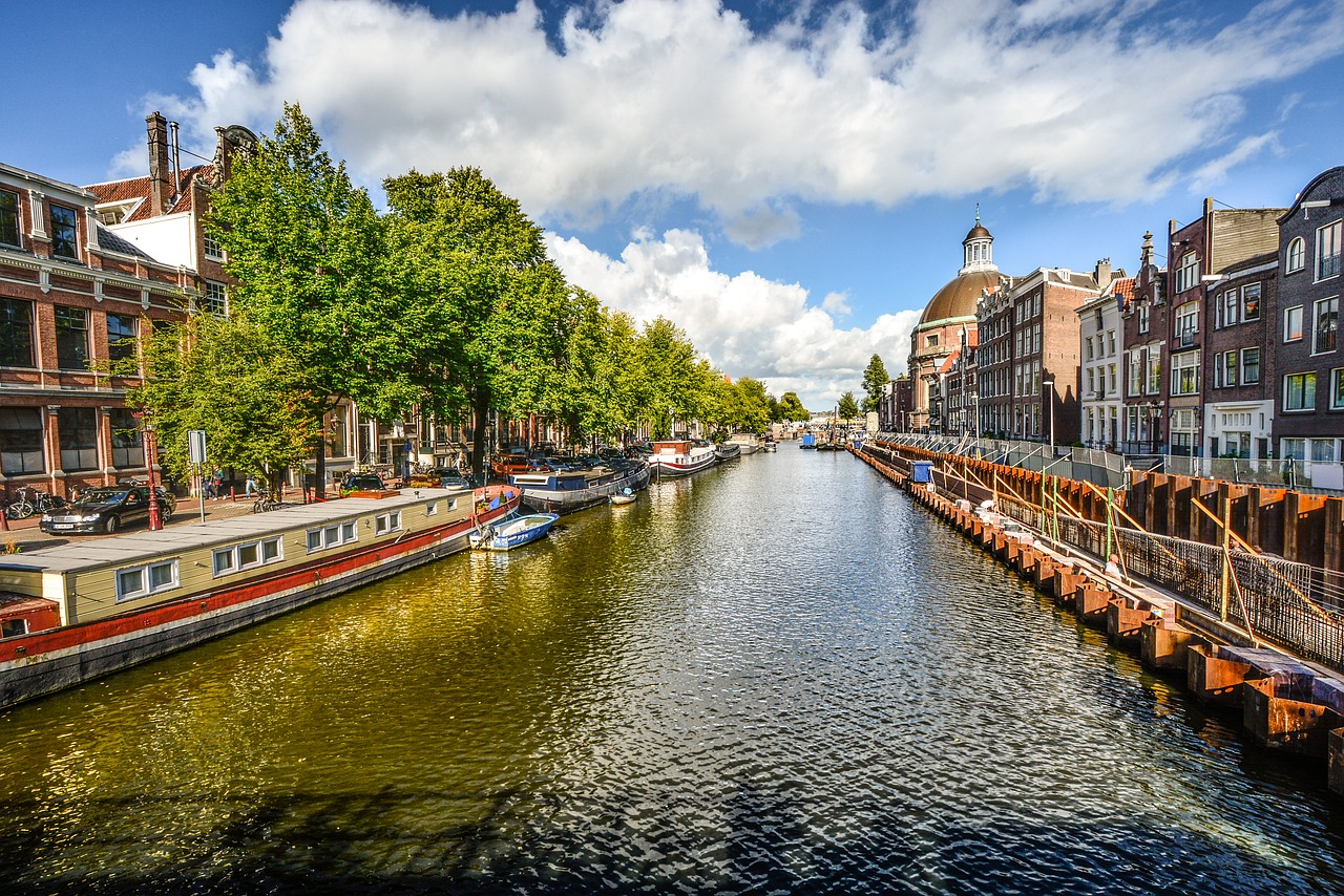 Amsterdamas, Kanalas, Saulėtas, Vasara, Vanduo, Olandų, Architektūra, Miestas, Holland, Atspindys