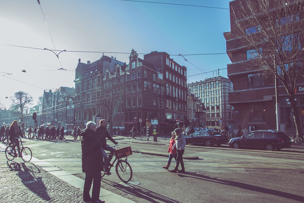 Amsterdamas, Gatves, Keliai, Žmonės, Pėstiesiems, Dviračiai, Dviračiai, Miestas, Pastatai, Architektūra