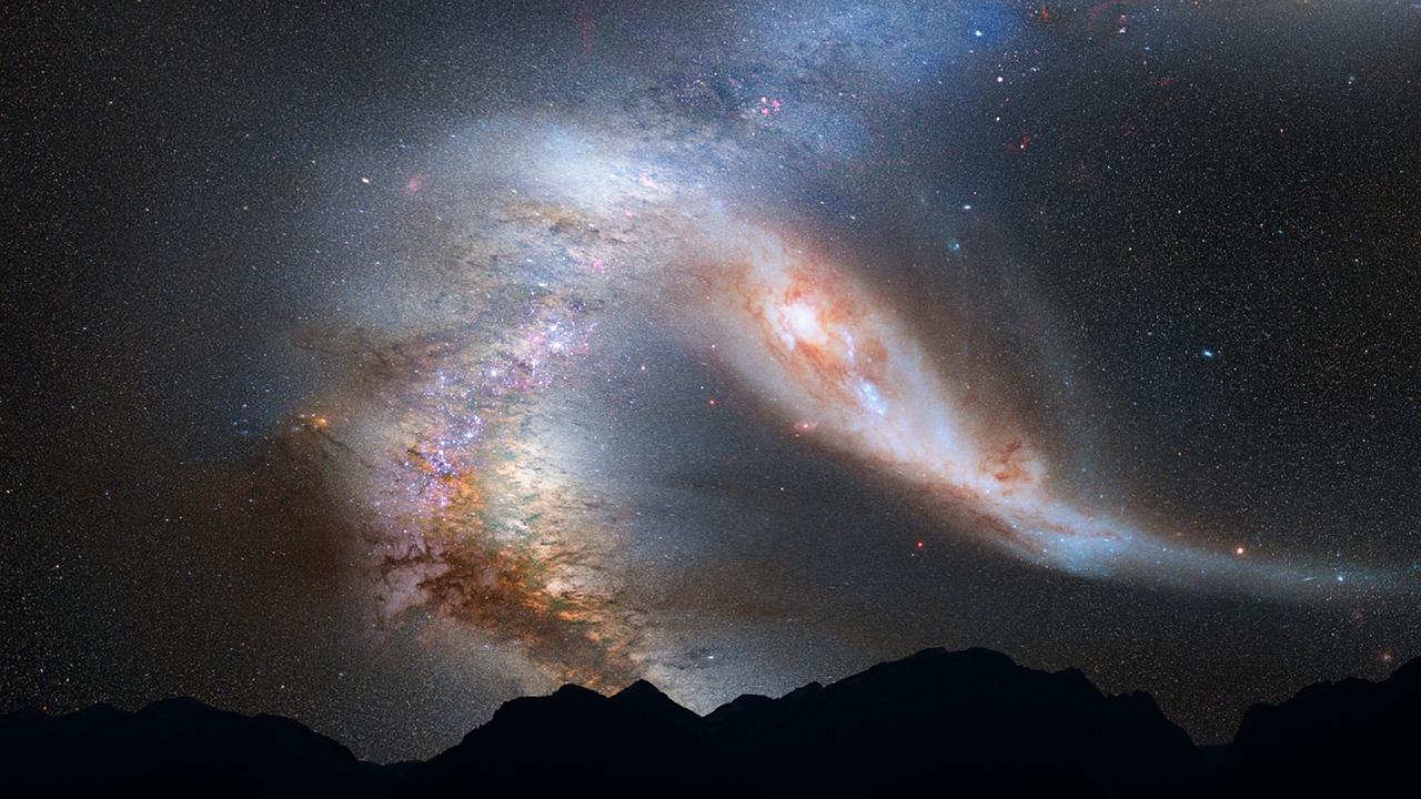 Andromedos Galaktika, Paukščių Takas, Susidūrimas, Erdvė, Žvaigždės, Visata, Dangus, Dangaus, Kosmosas, Dulkės