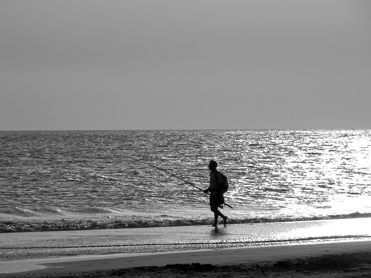 Žvejys, Costa De La Luz, Andalūzija, Conil, Ispanija, Атлантический, Vienspalvis, Pilkos Spalvos Skalė, Juoda Ir Balta, Papludimys