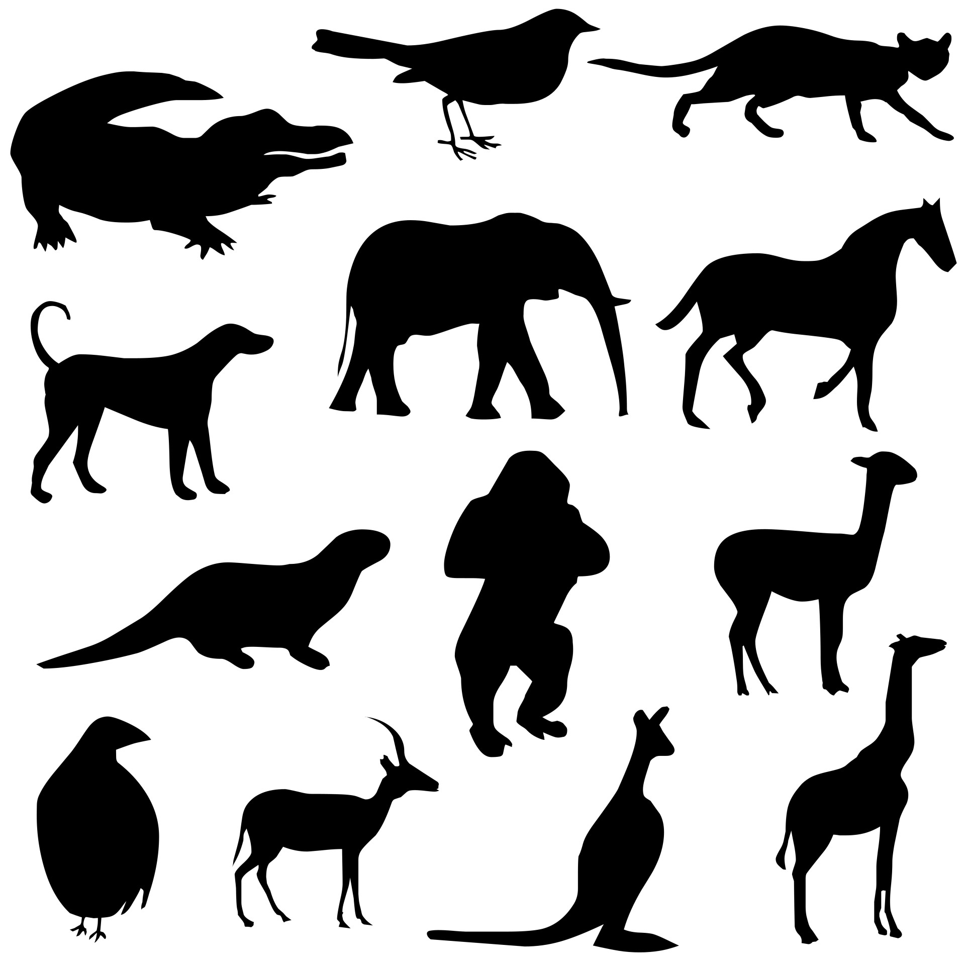 Gyvūnai,  Siluetai,  Piešimas,  Aligatorius,  Paukštis,  Katė,  Šuo,  Dramblys,  Arklys,  Ūdra