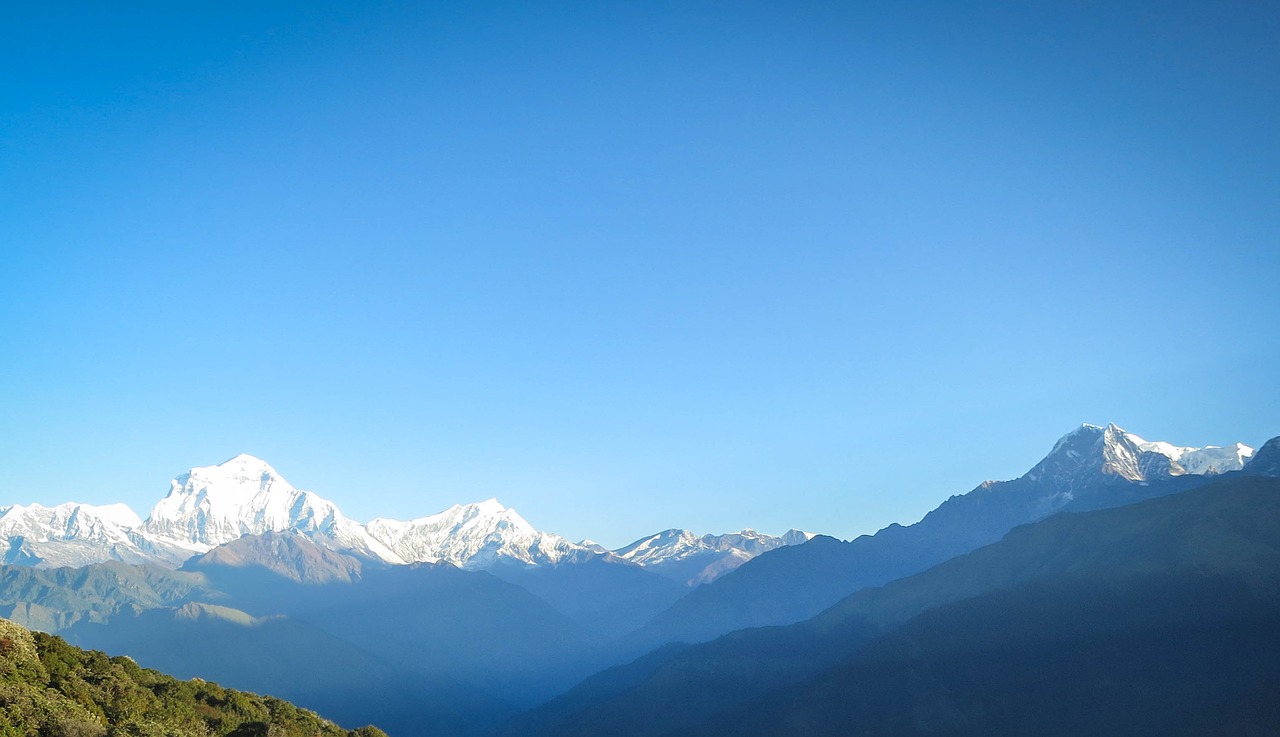 Annapurna Kalnų Slėnis, Nepalas, Kalnai, Smailės, Slėniai, Kalvos, Sniegas, Mėlynas, Dangus, Kraštovaizdis