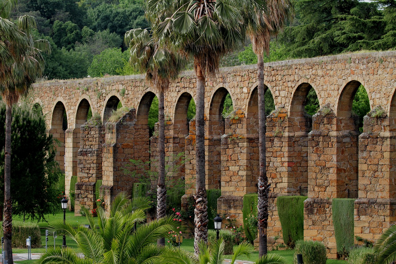 Akaduktas, Plasencia Spain, Romėnų, Senovės, Palmės, Arkos, Plytos, Architektūra, Orientyras, Senas