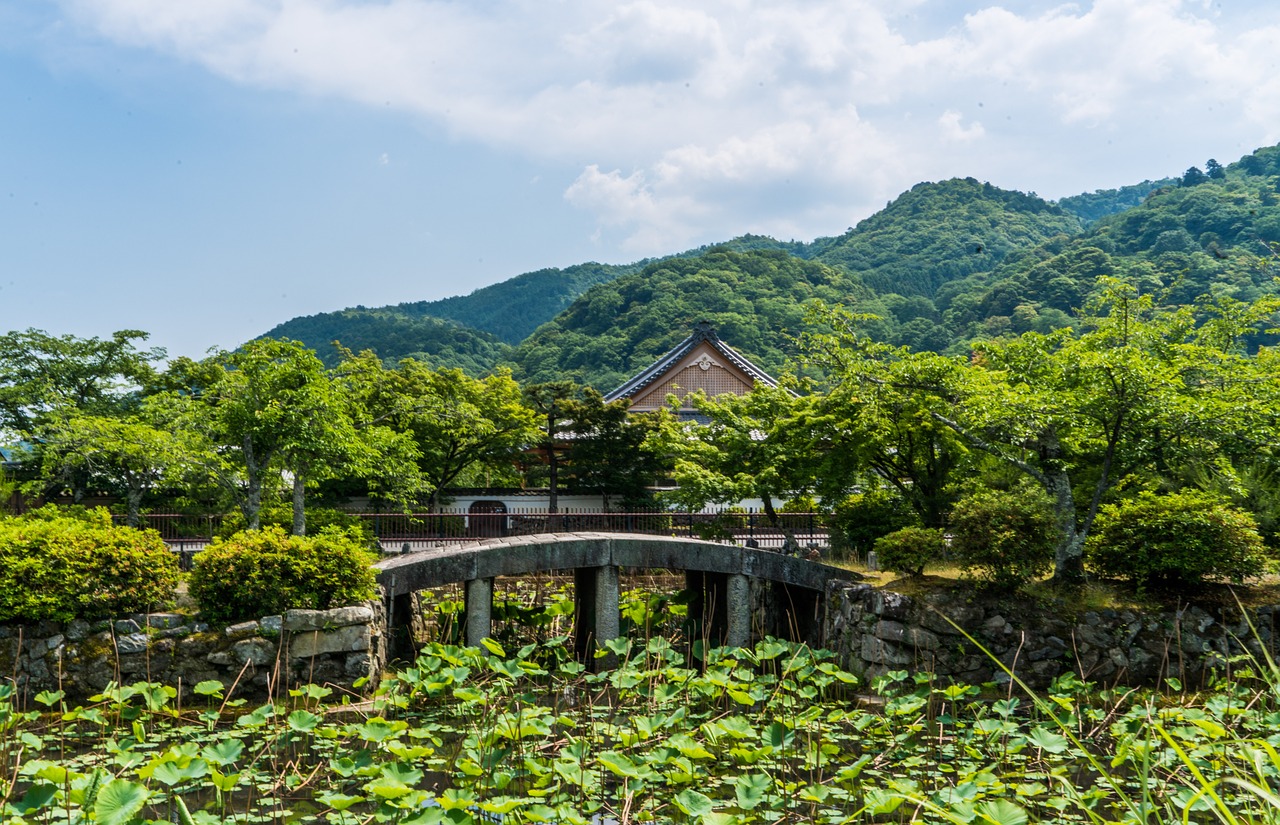 Arashiyama, Japonija, Liilio Tvenkinys, Tiltas, Šventykla, Dangus, Debesys, Kraštovaizdis, Kyoto, Asija