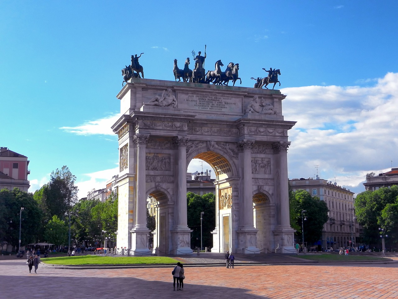 Arco Della Tempas, Milanas, Italy, Plaza, Statula, Arka, Skulptūros, Orientyras, Dangus, Debesys