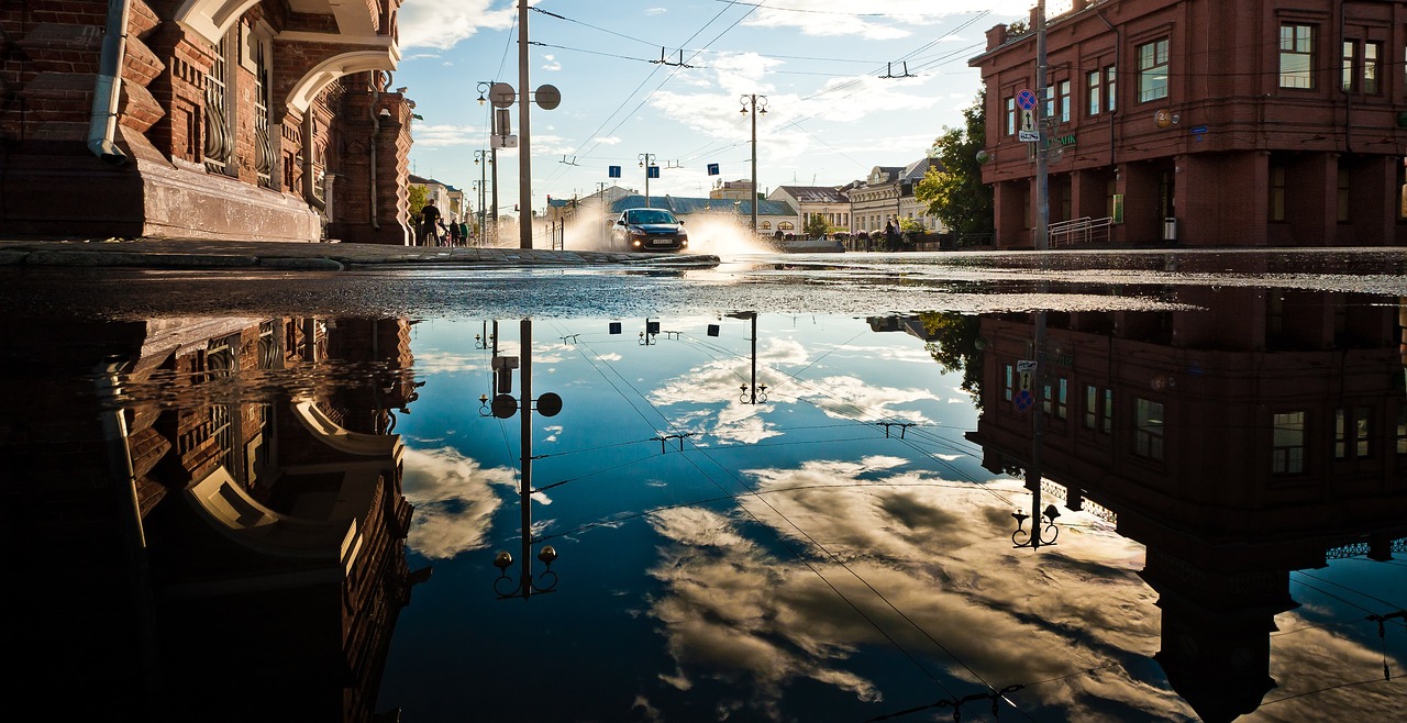 Architektūra, Pastatai, Miestas, Centro, Galia, Elektrinis, Linijos, Automobilis, Potvynis, Vanduo