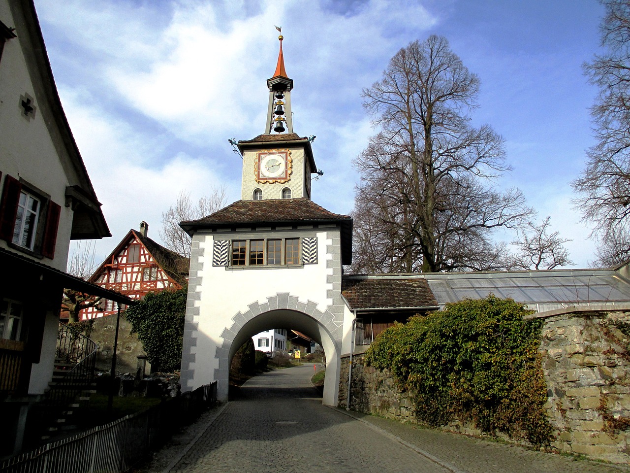 Architektūra, Bokštas, Arka, Praėjimas, Laikrodis, Varpai, Spire, Hauptwil, Thurgau, Šveicarija