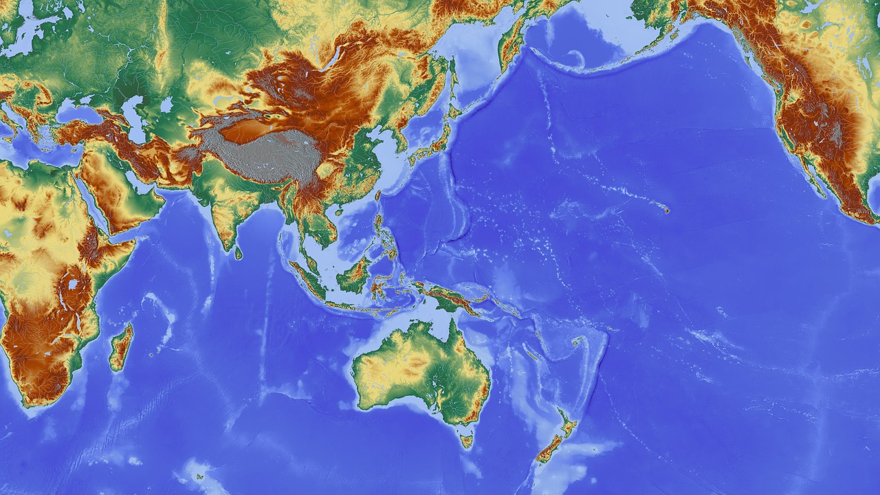 Asija, Indija, Nepalas, Australia, Indijos Vandenynas, Žemėlapis, Reljefo Žemėlapis, Aukščio Profilis, Aukščio Struktūra, Spalva