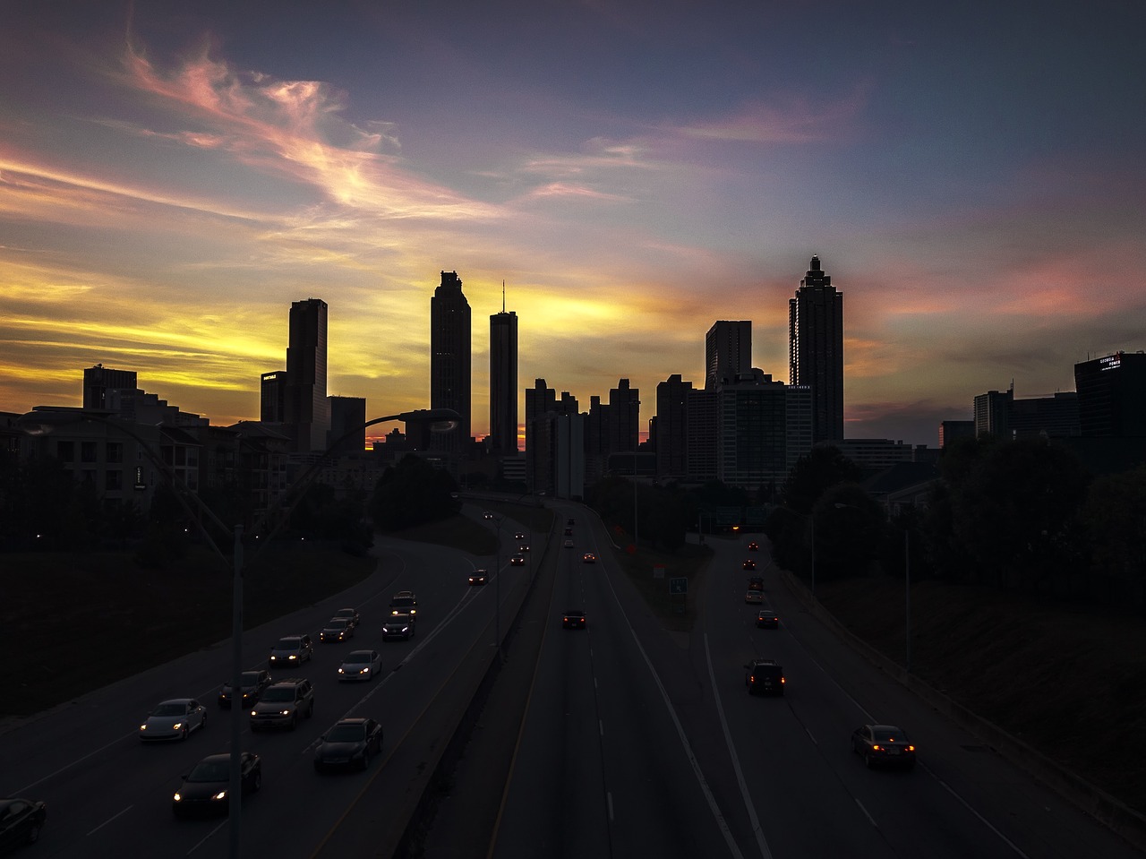 Atlanta, Miesto, Panorama, Kontūrai, Šešėliai, Saulėlydis, Miesto Panorama, Dangoraižiai, Naujas Pietus, Šiuolaikiška