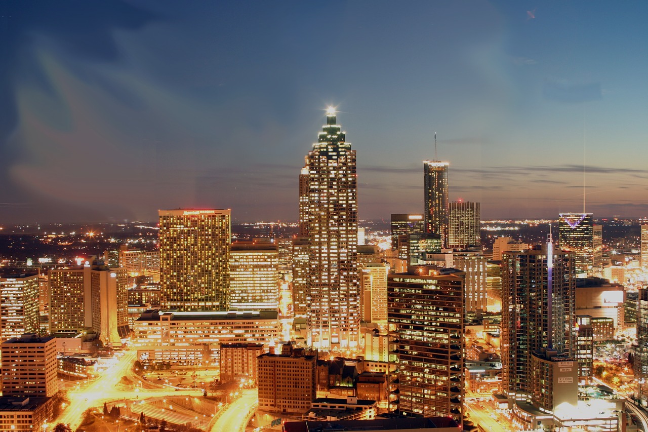 Atlanta, Gruzija, Panorama, Miestas, Pastatai, Dangoraižiai, Dangoraižis, Bokštai, Aukštas, Naktis