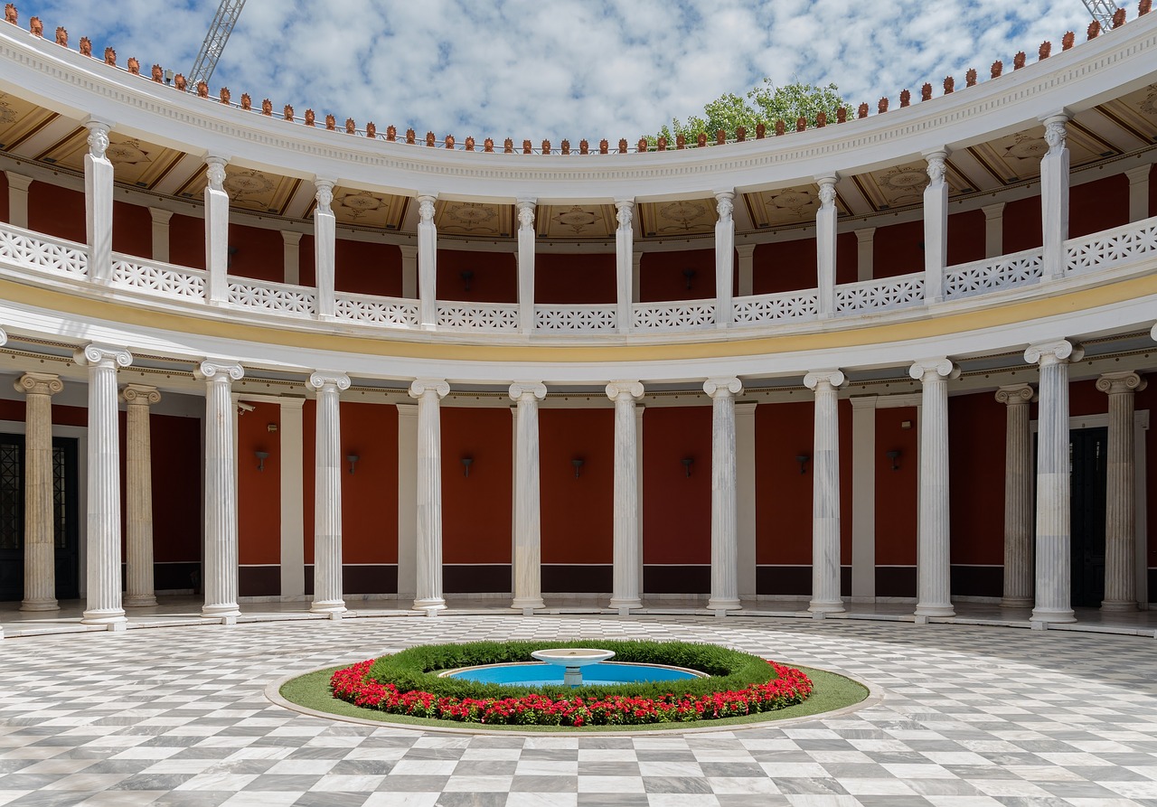 Atrium, Kiemas, Zappeion, Nacionaliniai Atenų Sodai, Graikija, Europa, Architektūra, Lauke, Stulpeliai, Dangus