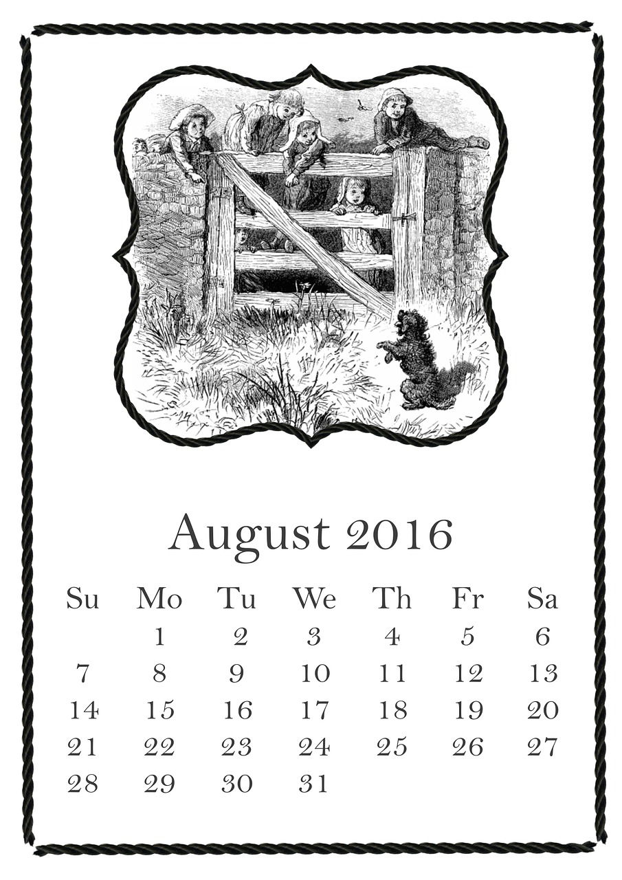 Rugpjūtis, 2016, Kalendorius, Vasara, Šuo, Vaikai, Tvora, Vintage, Žolė, Laimingas