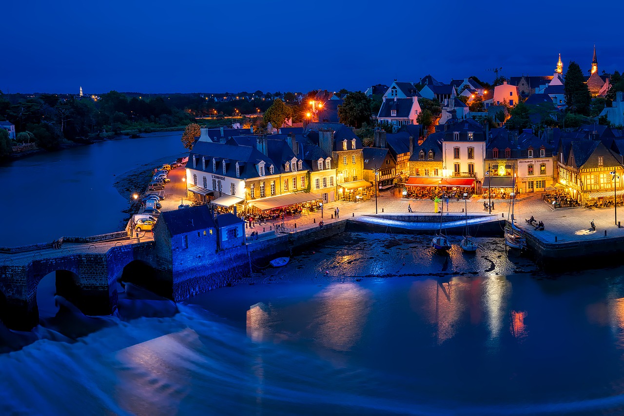 Auray, France, Miestas, Miestas, Kaimas, Saulėlydis, Dusk, Žibintai, Laivai, Valtys