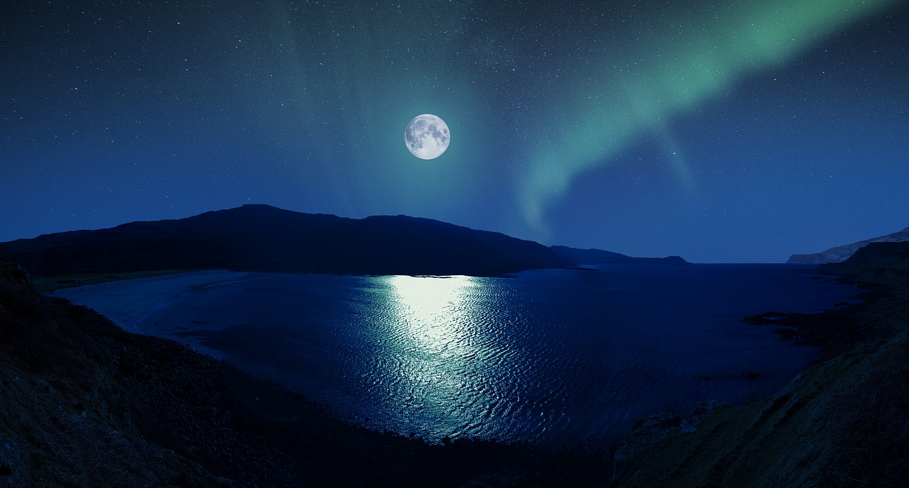 Aurora, Mėnulis, Škotija, Papludimys, Šiaurinis, Borealis, Dangus, Naktis, Kraštovaizdis, Gamta