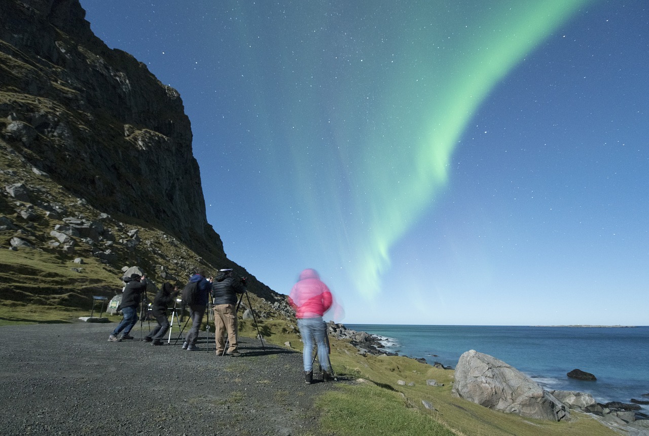 Aurora Borealis, Lofoten, Norvegija, Naktis, Papludimys, Costa, Žiema, Mėlynas, Žalias, Auroras