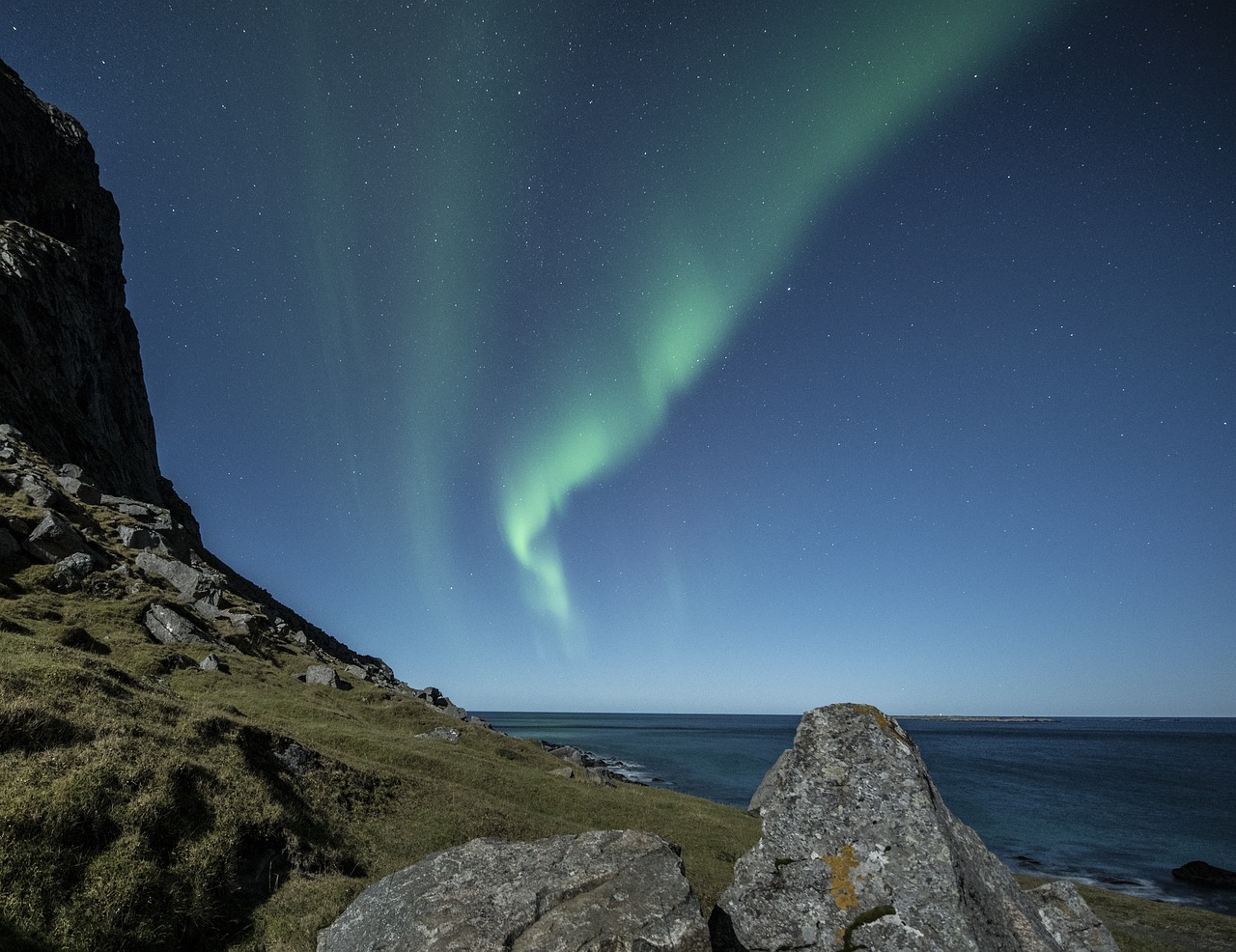 Aurora Borealis, Lofoten, Norvegija, Naktis, Papludimys, Costa, Žiema, Mėlynas, Žalias, Auroras