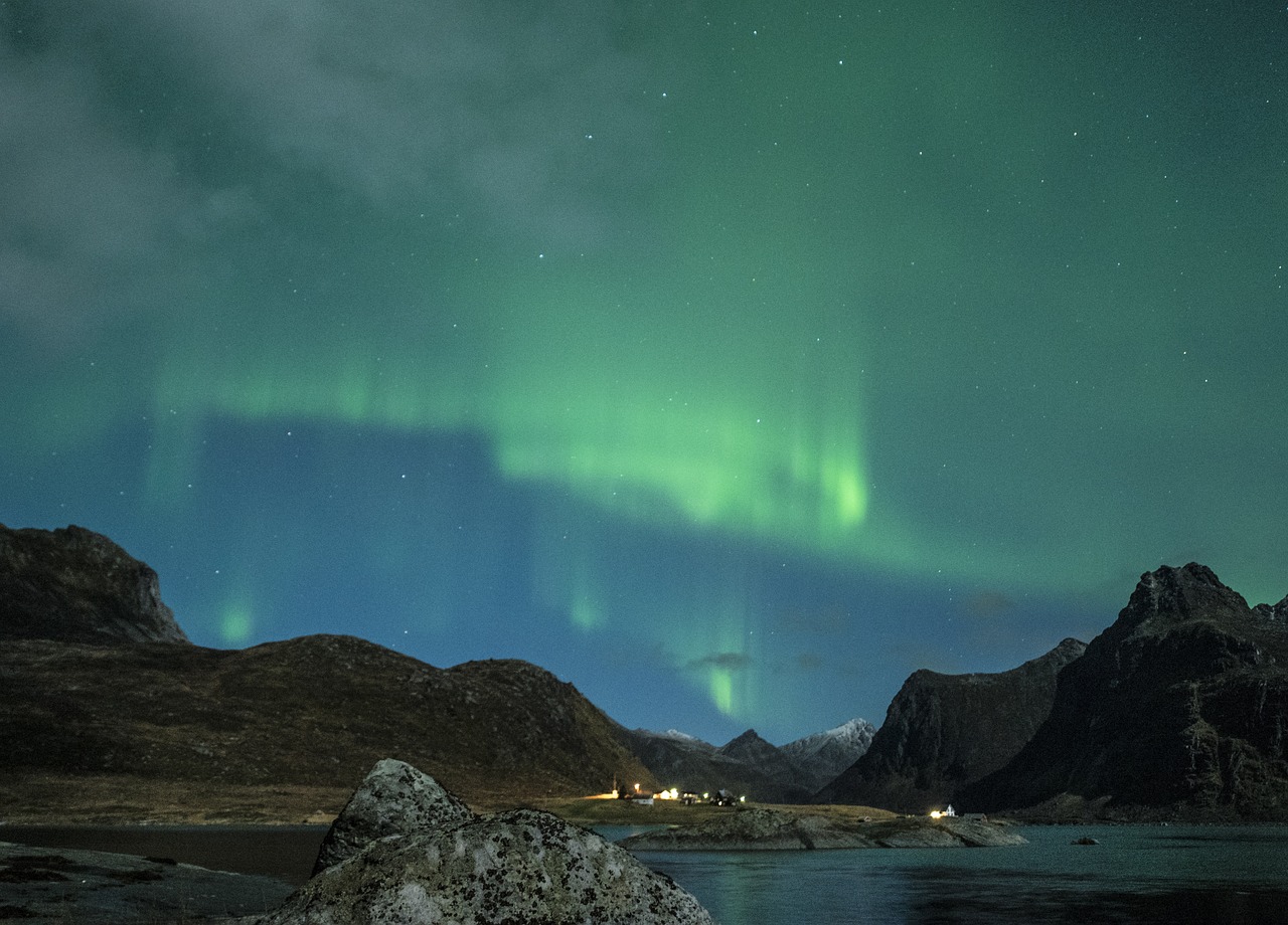 Aurora Borealis, Lofoten, Norvegija, Naktis, Papludimys, Costa, Žiema, Mėlynas, Žalias, Auroras