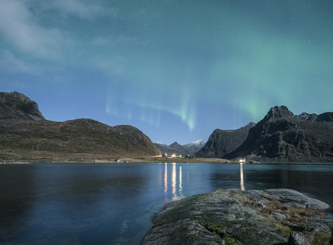 Aurora Borealis, Lofoten, Norvegija, Naktis, Papludimys, Costa, Žiema, Mėlynas, Žalias, Auroras