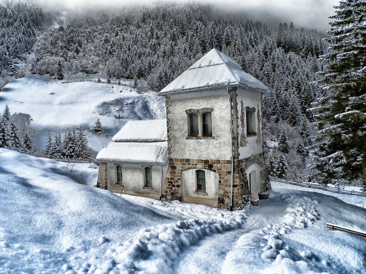 Austria, Kraštovaizdis, Vaizdingas, Pastatas, Namas, Miškas, Medžiai, Kaimas, Žiema, Sniegas