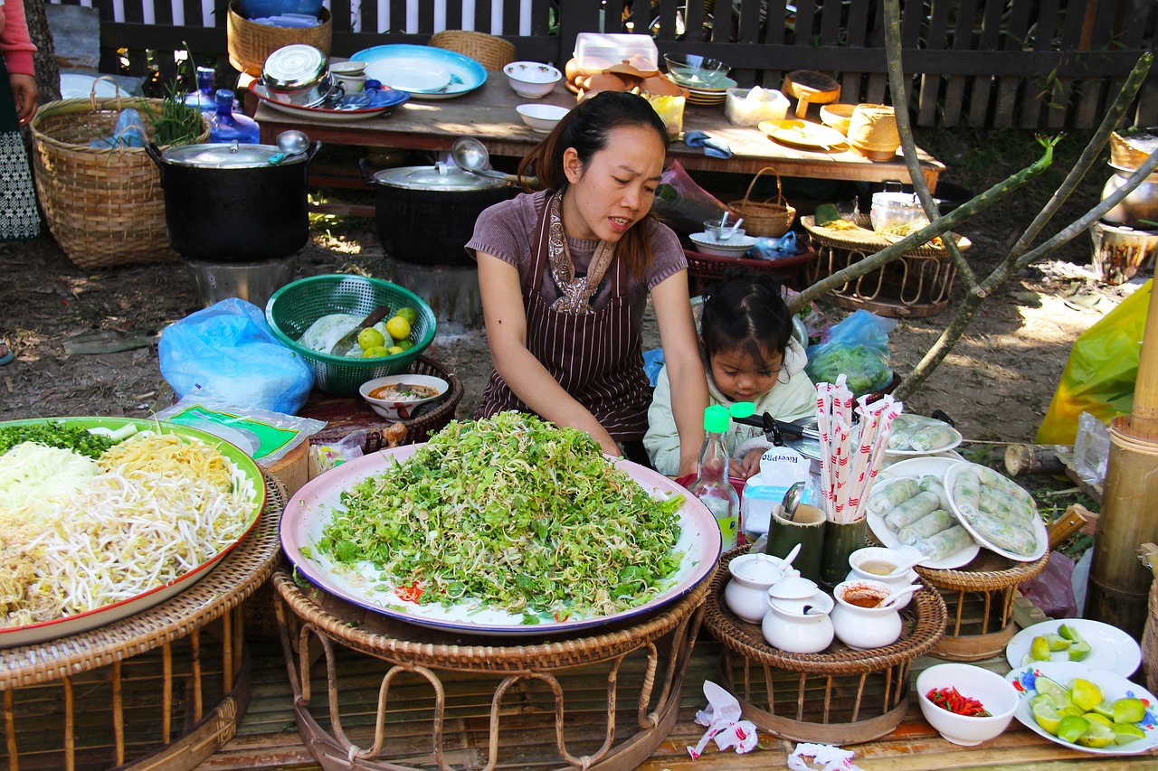 Autentiškas, Maistas, Daržovės, Vaisiai, Makaronai, Skanus, Skanus, Luang Prabang, Laosas, Užkandis