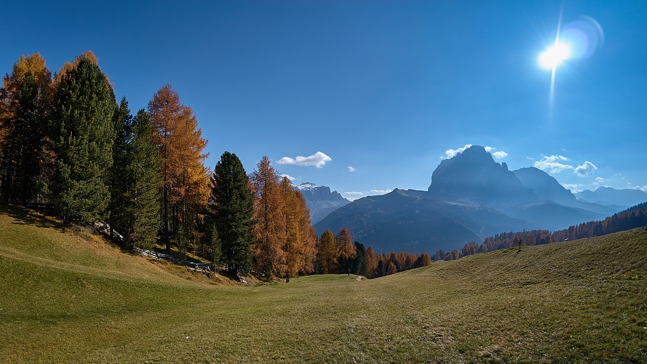 Ruduo, Sassolungo, Italy, South Tyrol, Dolomitai, Kalnai, Baume, Pieva, Val Gardena, Valgardena