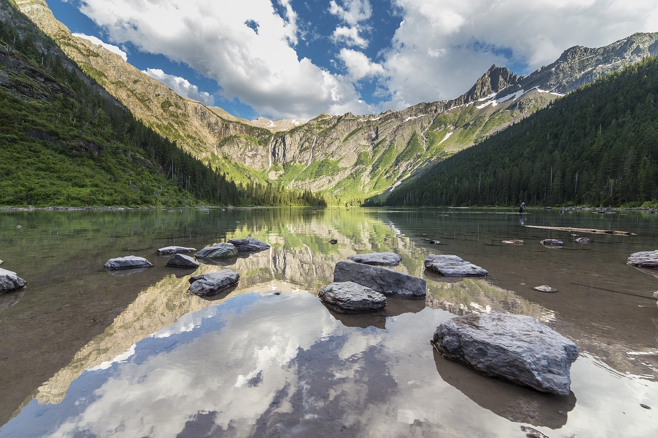 Lavinų Ežeras, Kraštovaizdis, Atspindys, Vaizdingas, Kalnai, Panorama, Piko, Vanduo, Ledynas Nacionalinis Parkas, Montana