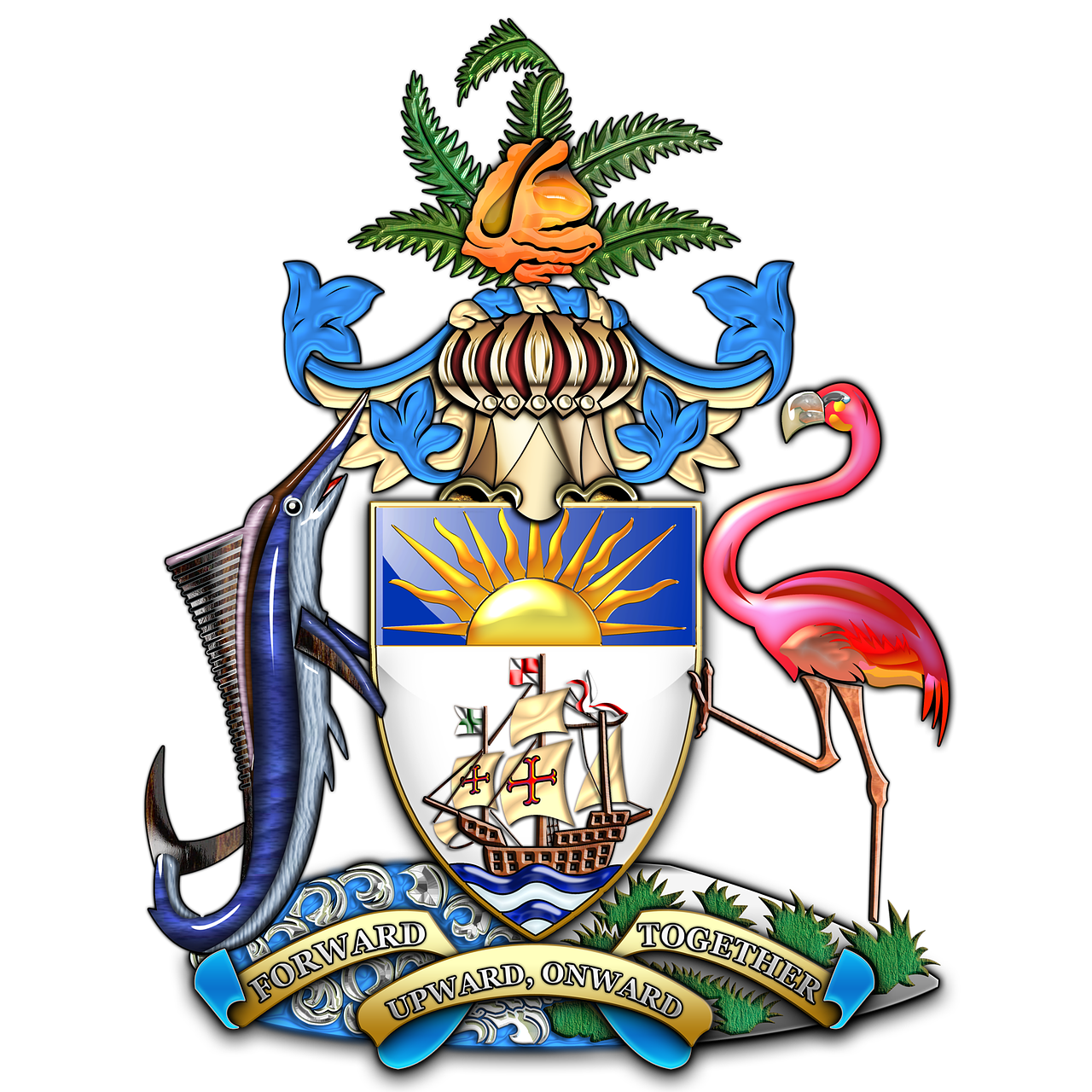 Bahamos, Bahamų Gobtuvėlis, Bahamos Koa, Bahamos 3-Asis Herbas, Bahamų Valstybinė Emblema, Heraldika, Pasaulio Heraldika, Nemokamos Nuotraukos,  Nemokama Licenzija