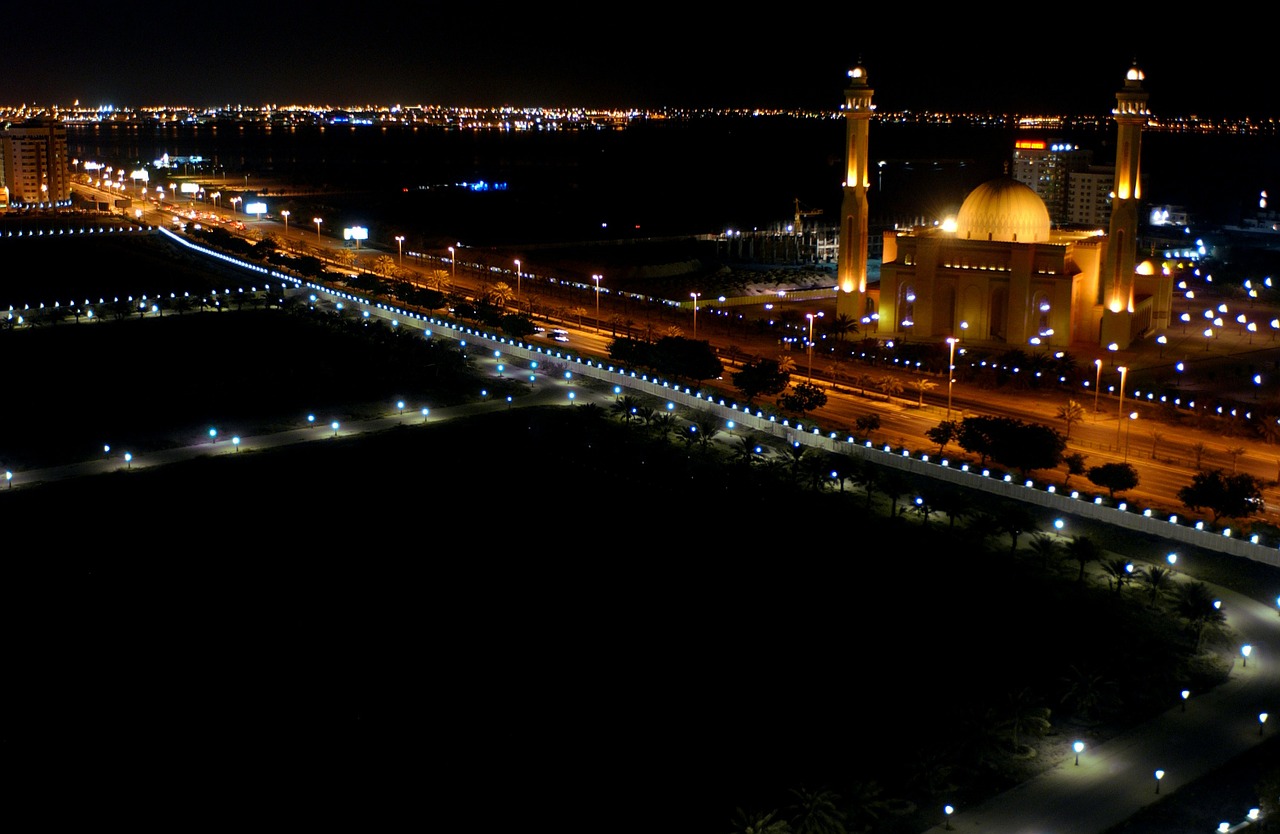 Bahrain, Didžioji Mečetė, Tikėjimas, Religija, Pastatai, Architektūra, Žibintai, Naktis, Vakaras, Gatves