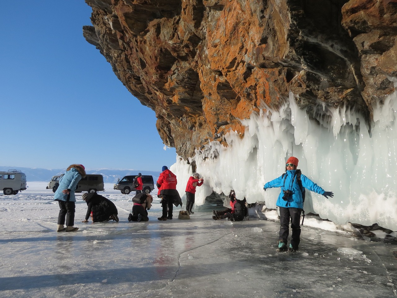 Baikalas, Ežeras, Kelionė, Turistai, Grupė, Kinieciai, Fotografai, Šaudymas, Žiema, Ledas