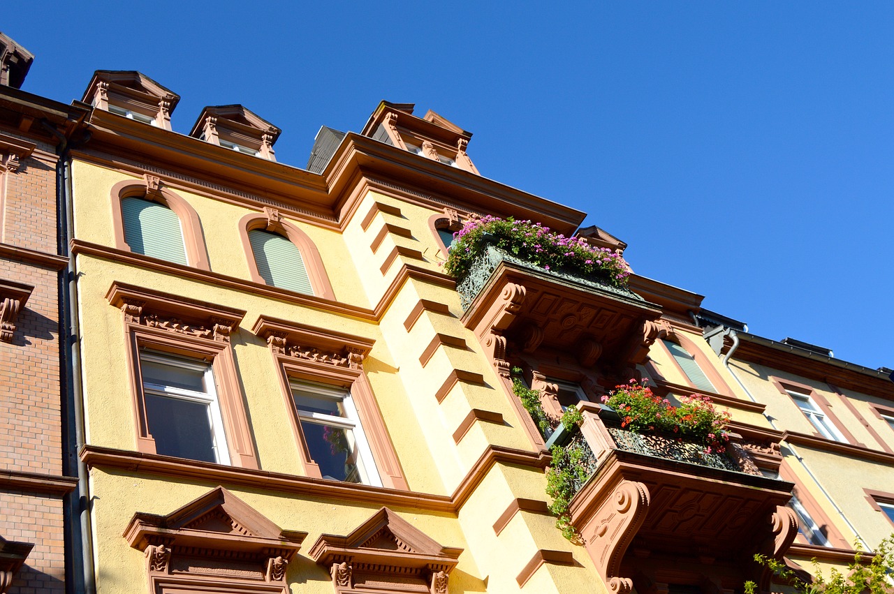 Balkonai, Sodinti, Heidelbergas, Gyventi, Art Nouveau, Namai, Architektūra, Fasadai, Miestas, Namai