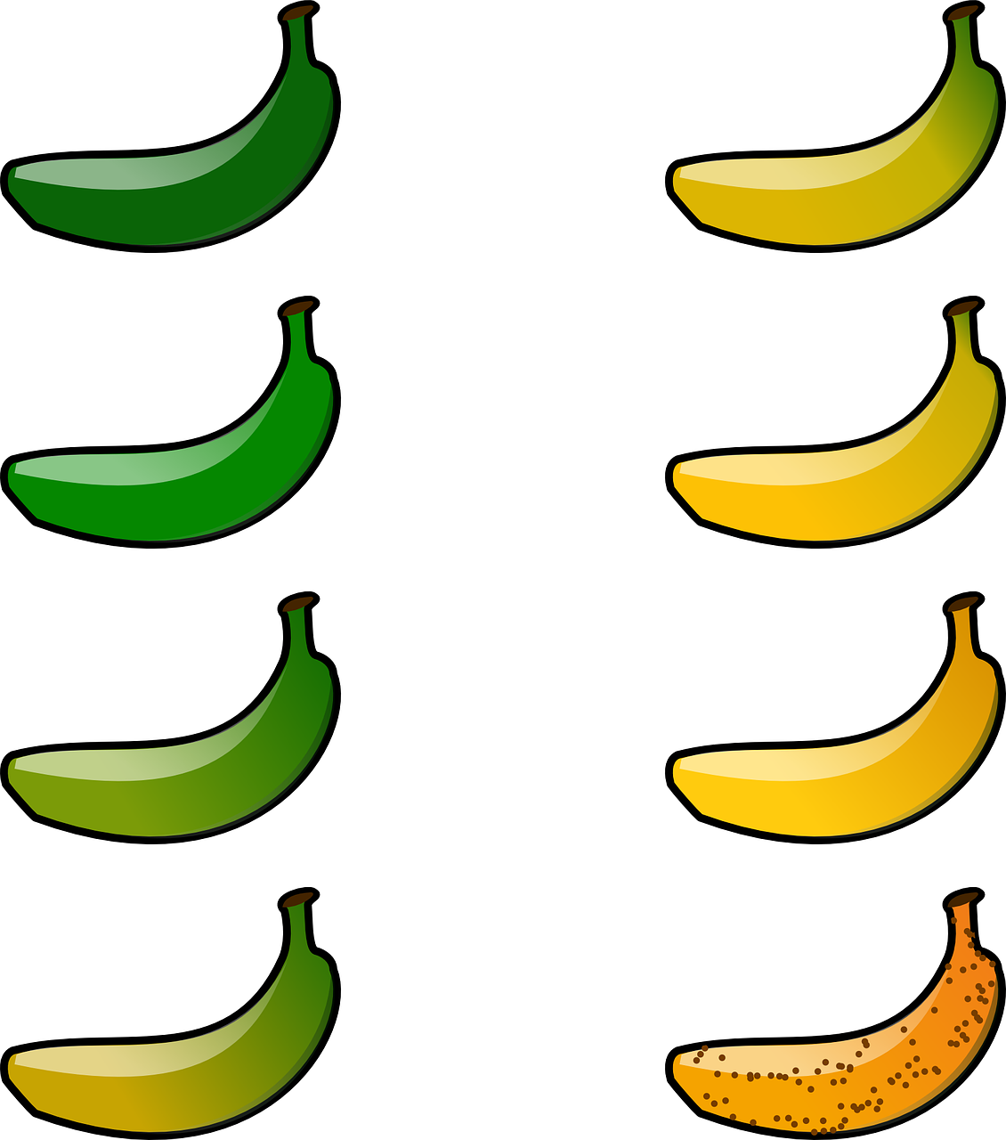 Bananas, Brandumo Laipsnis, Brandumas, Žalias, Geltona, Prinokę, Vaisiai, Sveikas, Vitaminai, Nemokama Vektorinė Grafika
