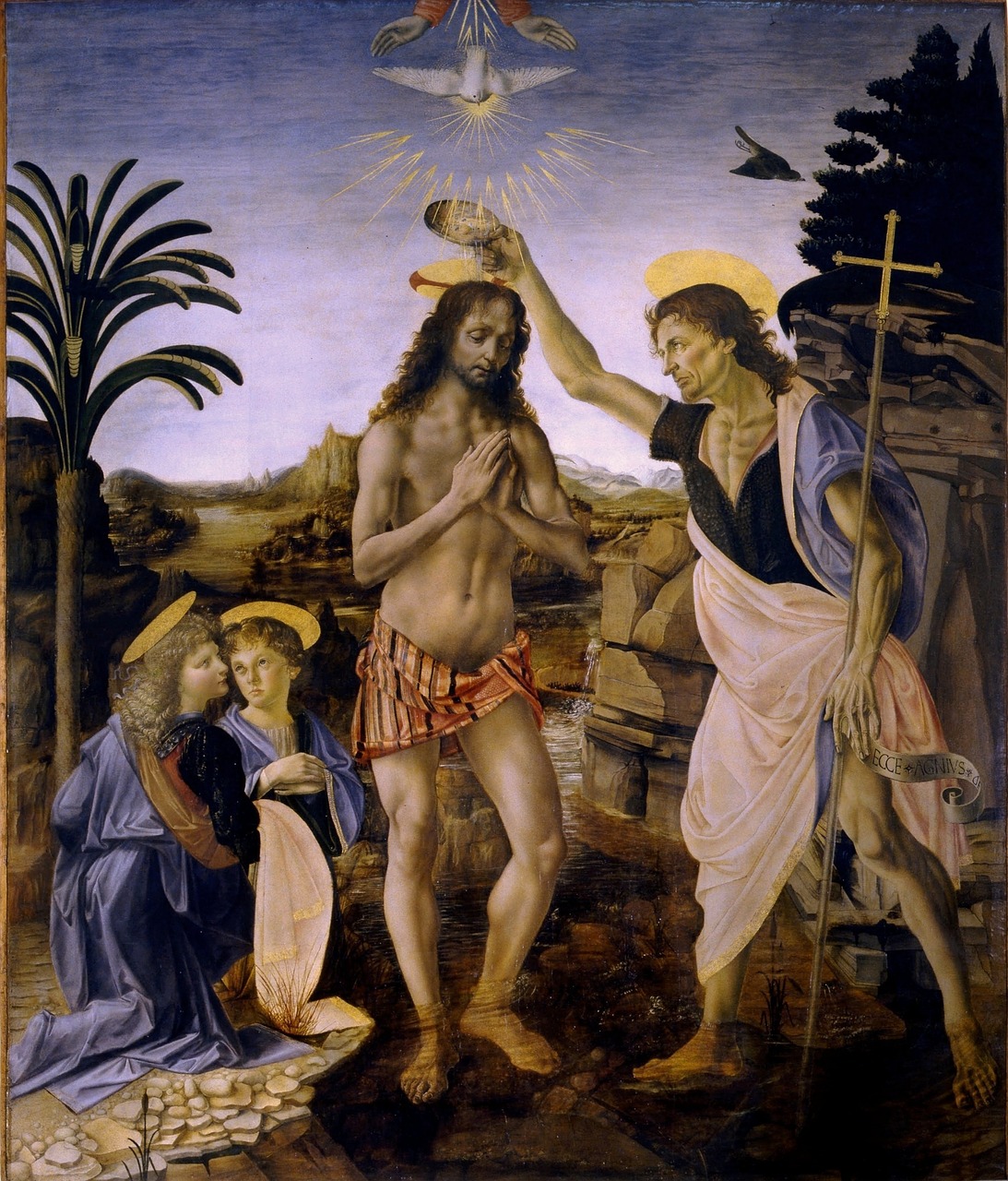 Krikštas Christas, Leonardo De Vinci, Andrea Del Verrocchio, Saint Jean Baptistas, Jėzus, 1472-1475, Meno Kūrinys, Menas, Meno Kūriniai, Krikščioniškas Tapyba