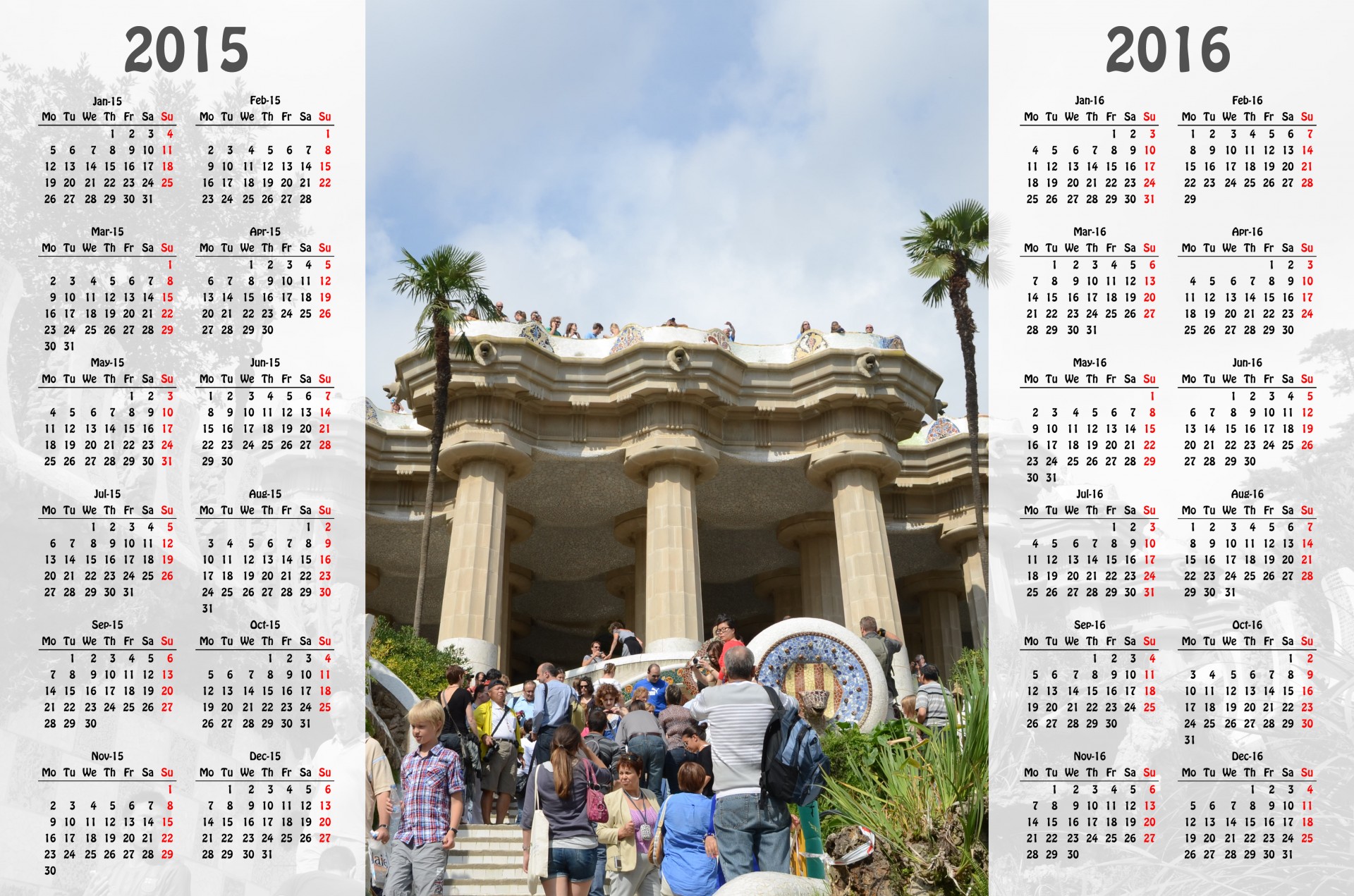 Barcelona,  Ispanija,  Park & ​​Nbsp,  Guell,  Gaudi,  2015 & Nbsp,  Kalendorius,  2016 & Nbsp,  Kalendorius,  2015 M.